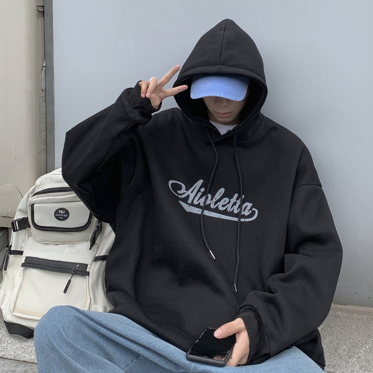 秋季新款网红印图连帽卫衣潮 棒球服宽松套头衫 q214-p58控78