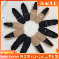 Doug shoes women winter 2021 New Korean version of Wild head flat scoop shoes Net red fairy single shoes plus velvet wool shoes