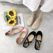 Spring single shoes women 2021 New Joker Korean version round head flat laddy shoes cross strap ballet soft sole womens shoes