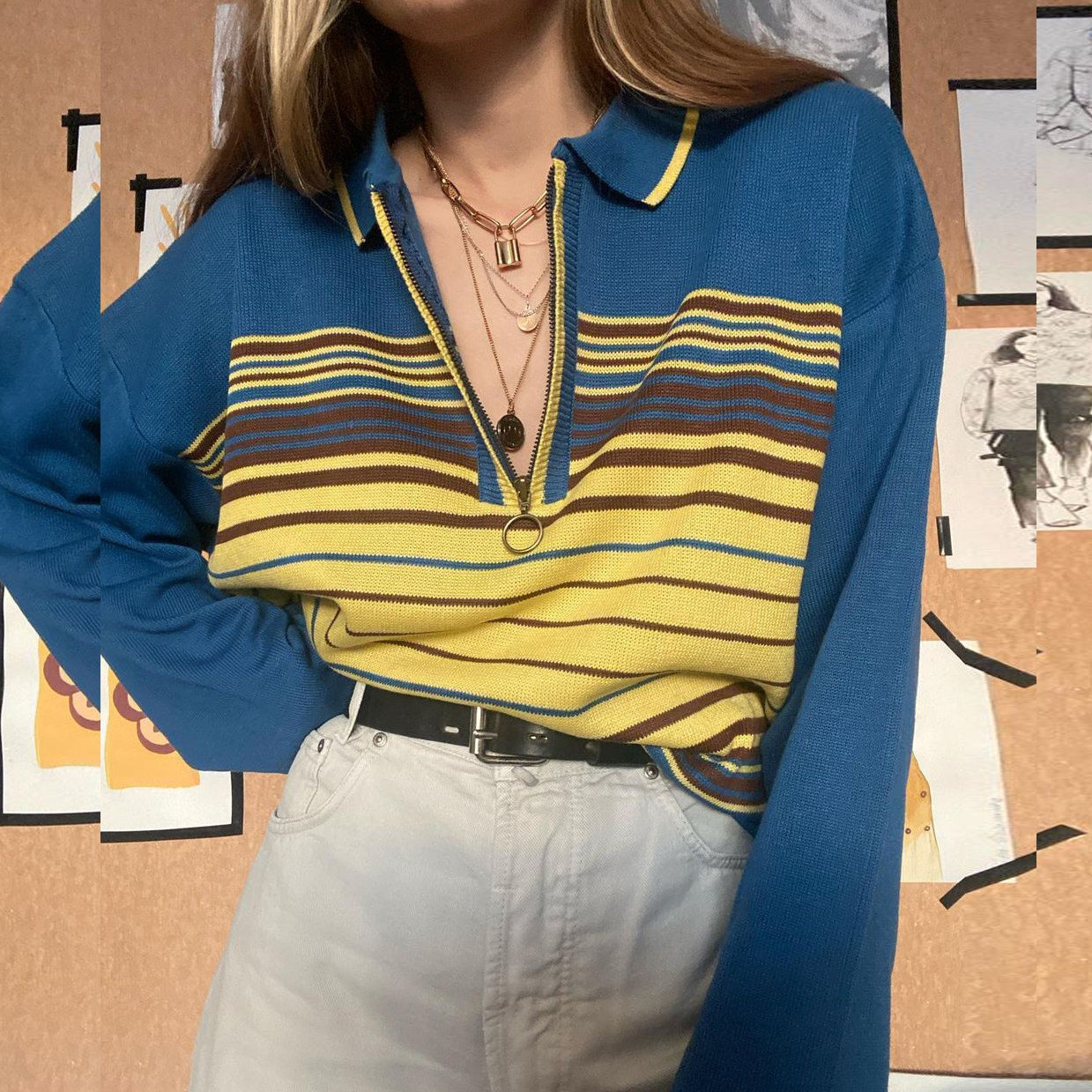 vintagetang复古条纹撞色polo领翻领拉链针织衫女潮ins薄款婋壹
