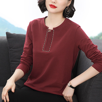 Long sleeve t-shirt woman pure cotton foreign gas embroidered 2022 spring and autumn loaded with new loose undershirt middle-aged mother loaded with clothes