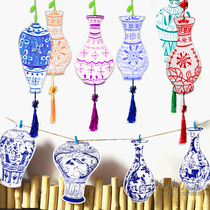 Kindergarten children white embryo art materials Hand-painted graffiti blue and white pattern hanging creative diy theme layout