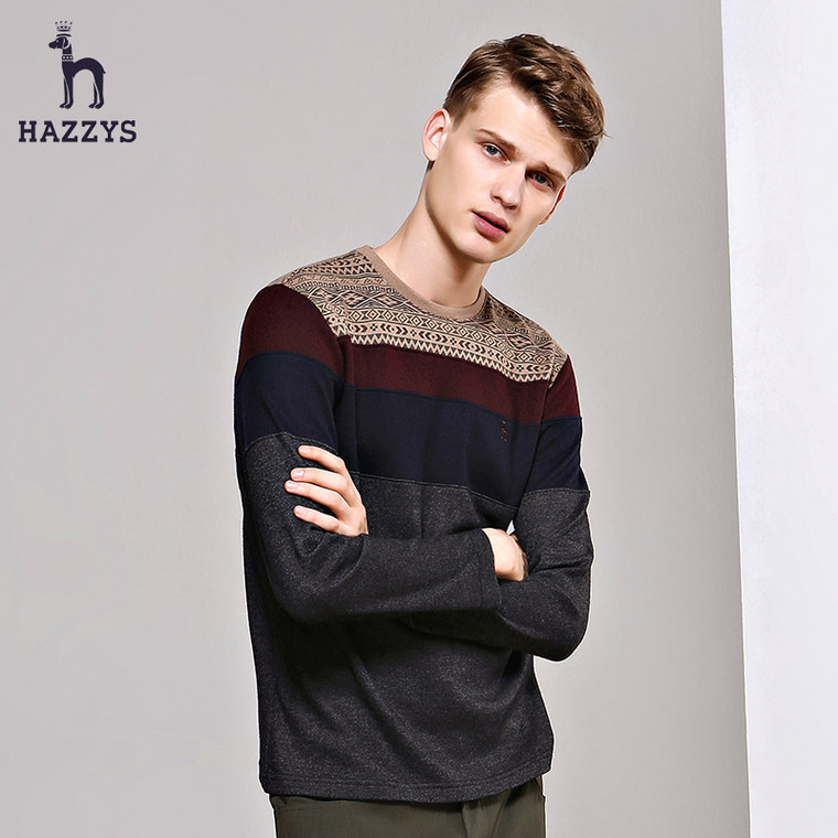 Hazzys哈吉斯2015秋季新品男士时尚休闲英伦图案撞色针织T恤