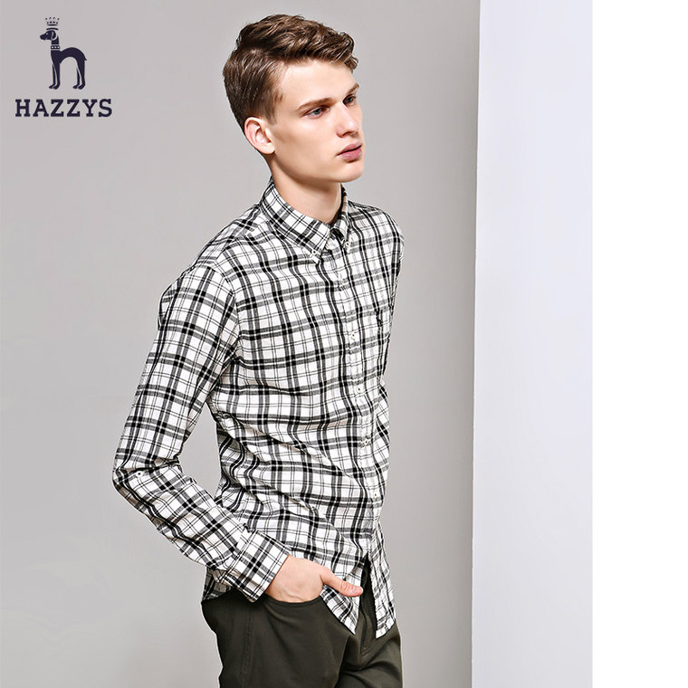 Hazzys哈吉斯2015秋季新款男士纯棉格子修身衬衫