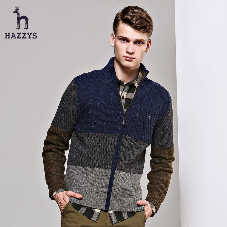 Hazzys哈吉斯2015秋季新款男士羊毛衫时尚修身纯羊毛休闲开衫外套
