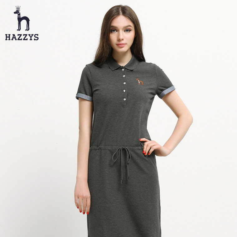 Hazzys哈吉斯女装2015夏季新品Polo领休闲韩版中腰抽绳连衣裙