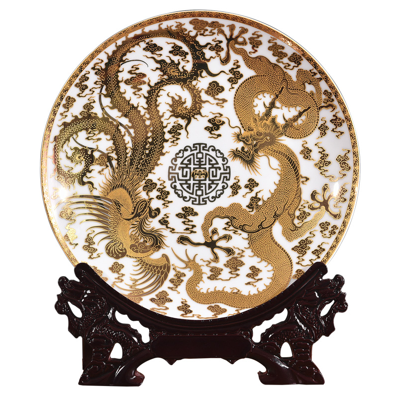 Jingdezhen chinaware paint longfeng decorate dish by dish hang dish sitting room adornment handicraft furnishing articles of the new Chinese style