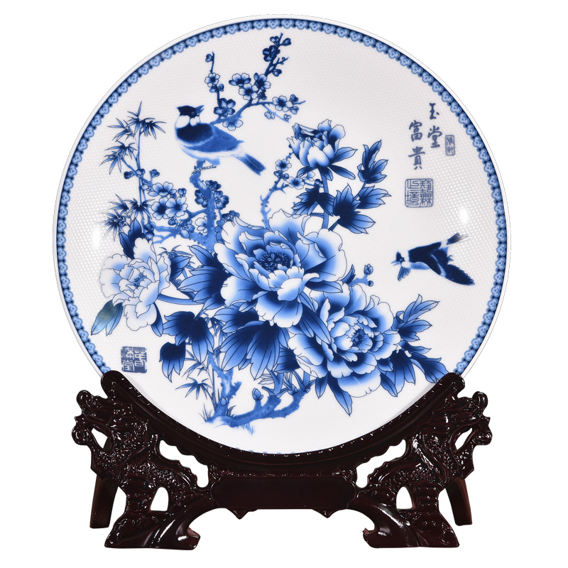 Jingdezhen ceramic blue CV 18 rich decorative plate of the new Chinese style living room porch household adornment handicraft furnishing articles