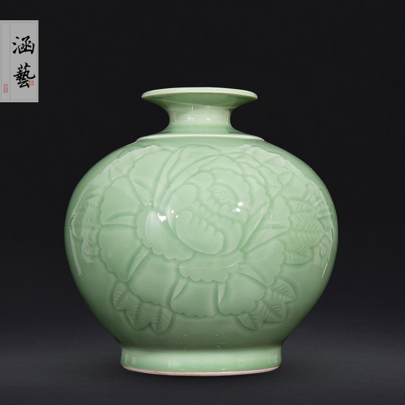 Jingdezhen ceramics shadow blue vase peony Chinese wine sitting room porch home decoration carving gifts furnishing articles