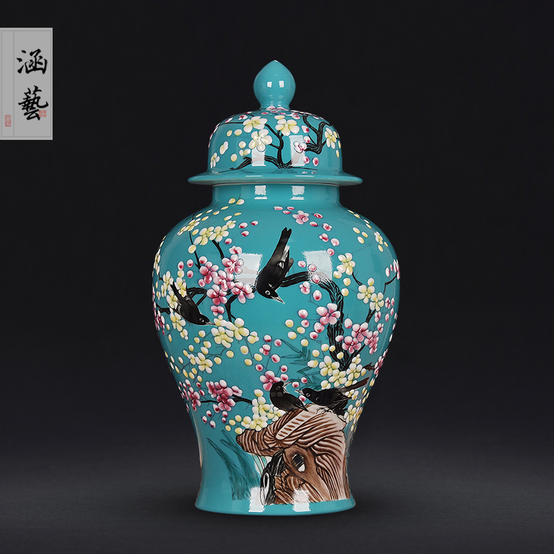 Jingdezhen ceramics powder enamel handpainted xi mei tip on the general tank treasures sitting room home decoration handicraft furnishing articles