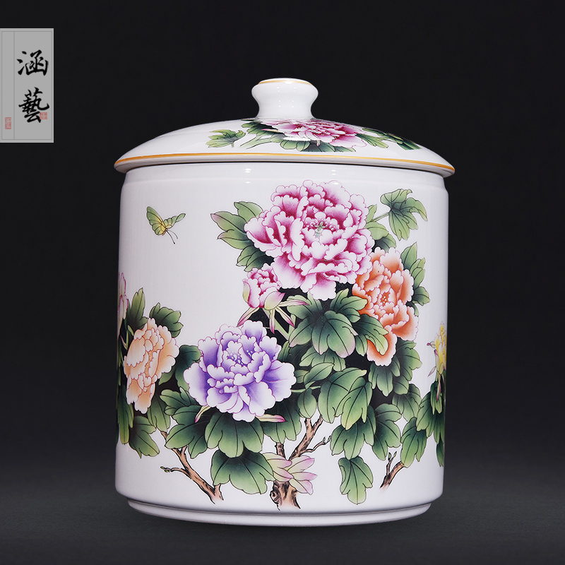 Jingdezhen ceramic famille rose straight canister very beautiful caddy fixings Chinese style living room home decoration furnishing articles craft gift