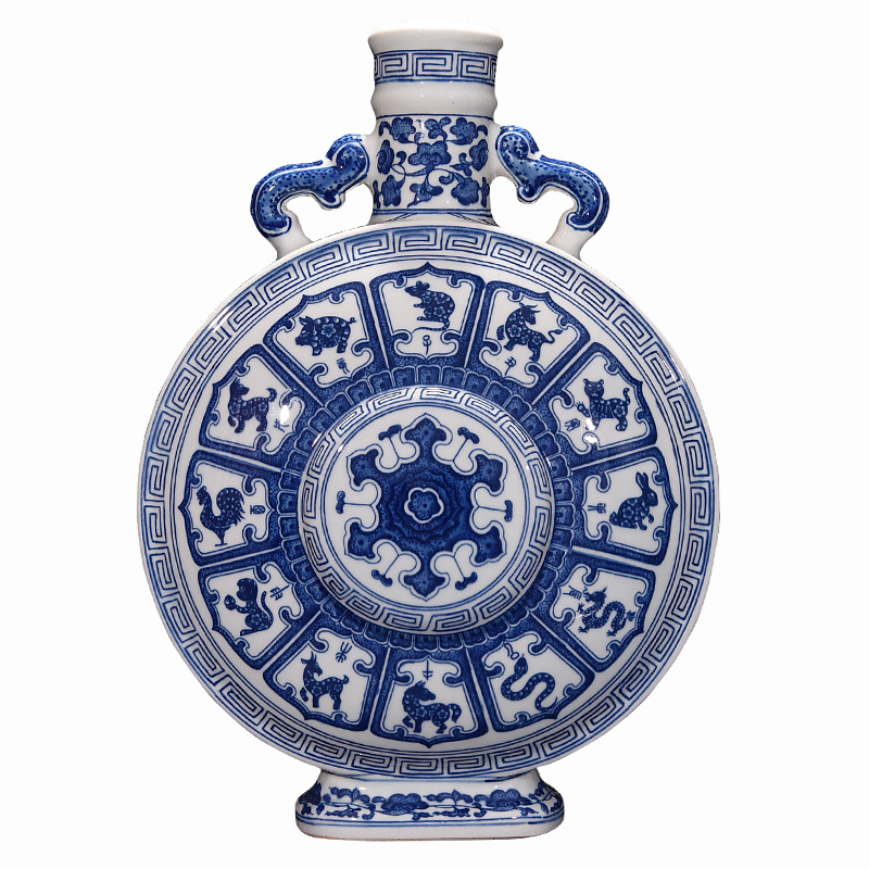 Jingdezhen blue and white Chinese zodiac hand - made ceramic dual ear vase furnishing articles of new Chinese style living room decoration