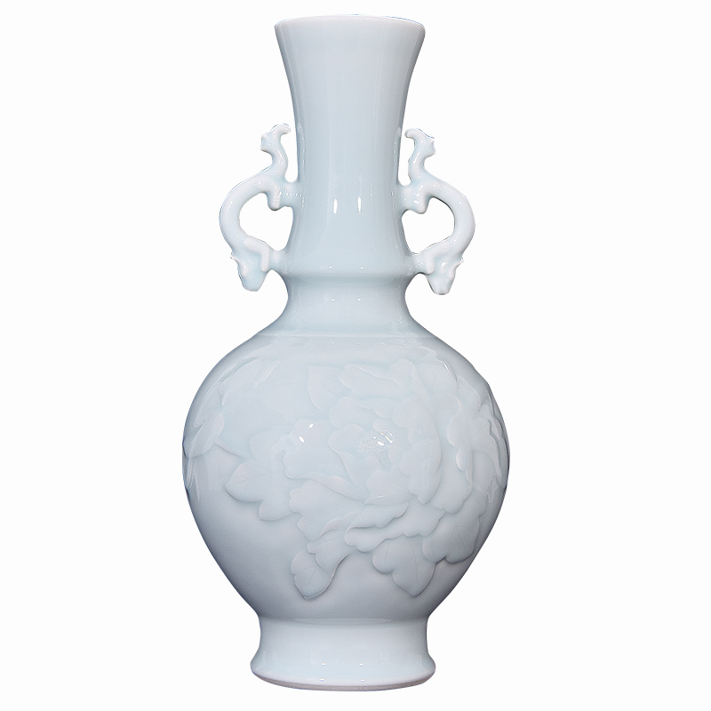 Jingdezhen ceramic celadon jade carving ears peony vases, sitting room place flower arrangement of new Chinese style decoration