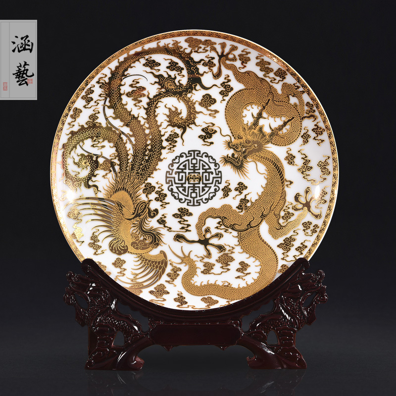 Jingdezhen chinaware paint longfeng decorate dish by dish hang dish sitting room adornment handicraft furnishing articles of the new Chinese style