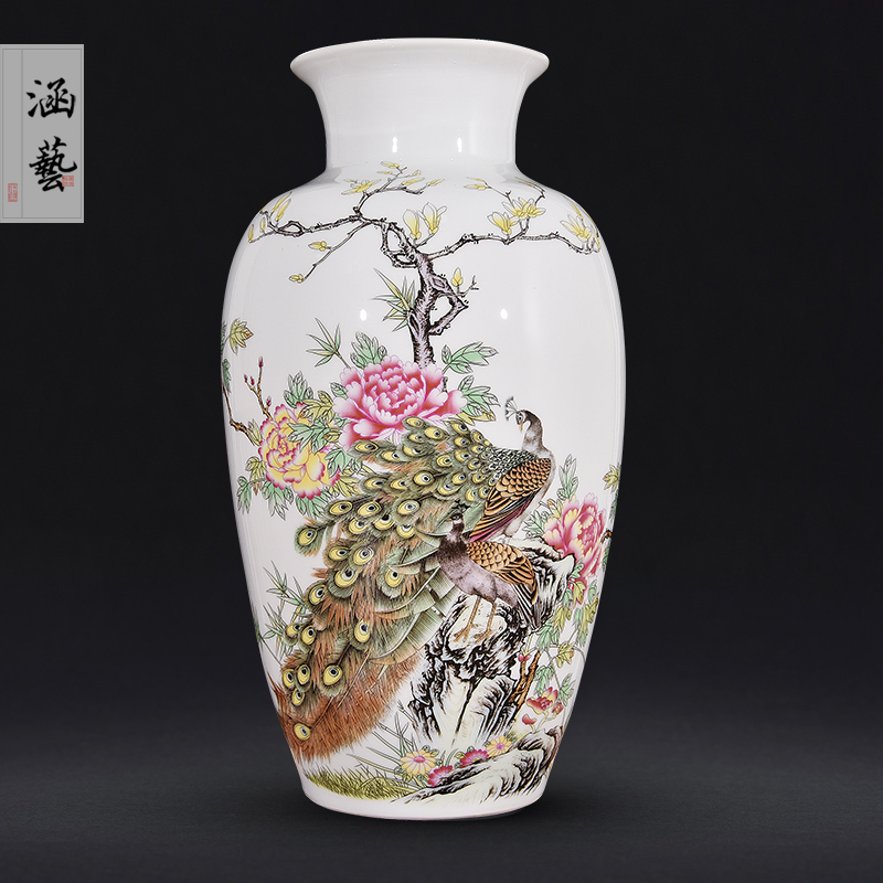 Jingdezhen ceramics powder enamel prosperous peacock vase figure new Chinese flower arrangement sitting room adornment is placed craft gift