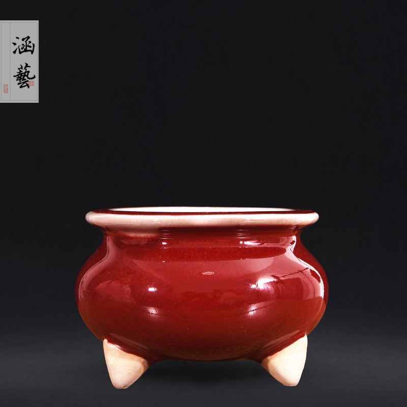 Jun porcelain of jingdezhen ceramics antique ruby red glaze three feet small censer ta joss stick inserted zen aroma stove