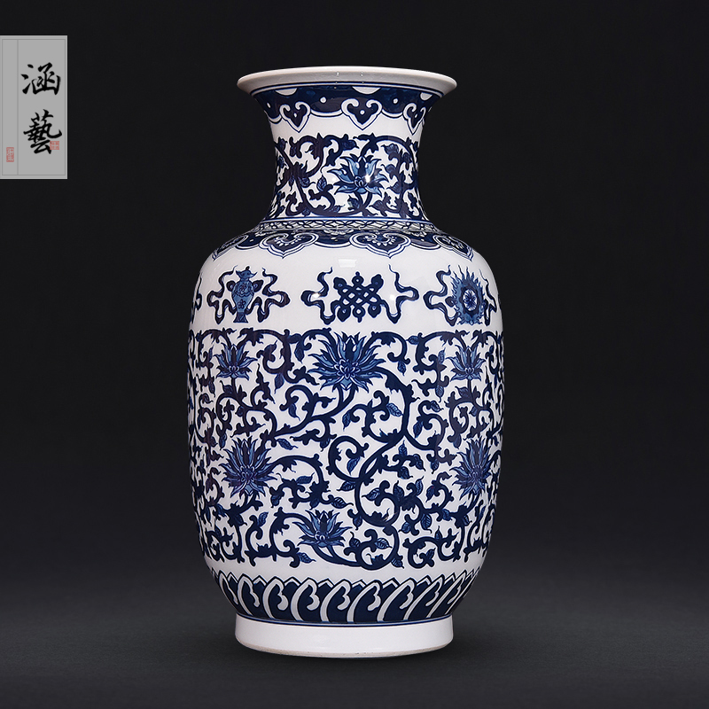 Jingdezhen ceramics hand - made antique blue and white porcelain vase sitting room place flower arrangement of new Chinese style decoration craft gift