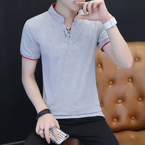 Summer mens short-sleeved T-shirt Slim trend Korean version of V-neck shirt shirt youth clothes mens semi-sleeved polo shirt