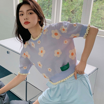 RANYI LONDON small flower label wooden ear decoration short sweater short sleeve top female summer age reduction
