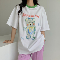 RANYI LONDON designer brand Oversize green bear print cotton white T-shirt female loose