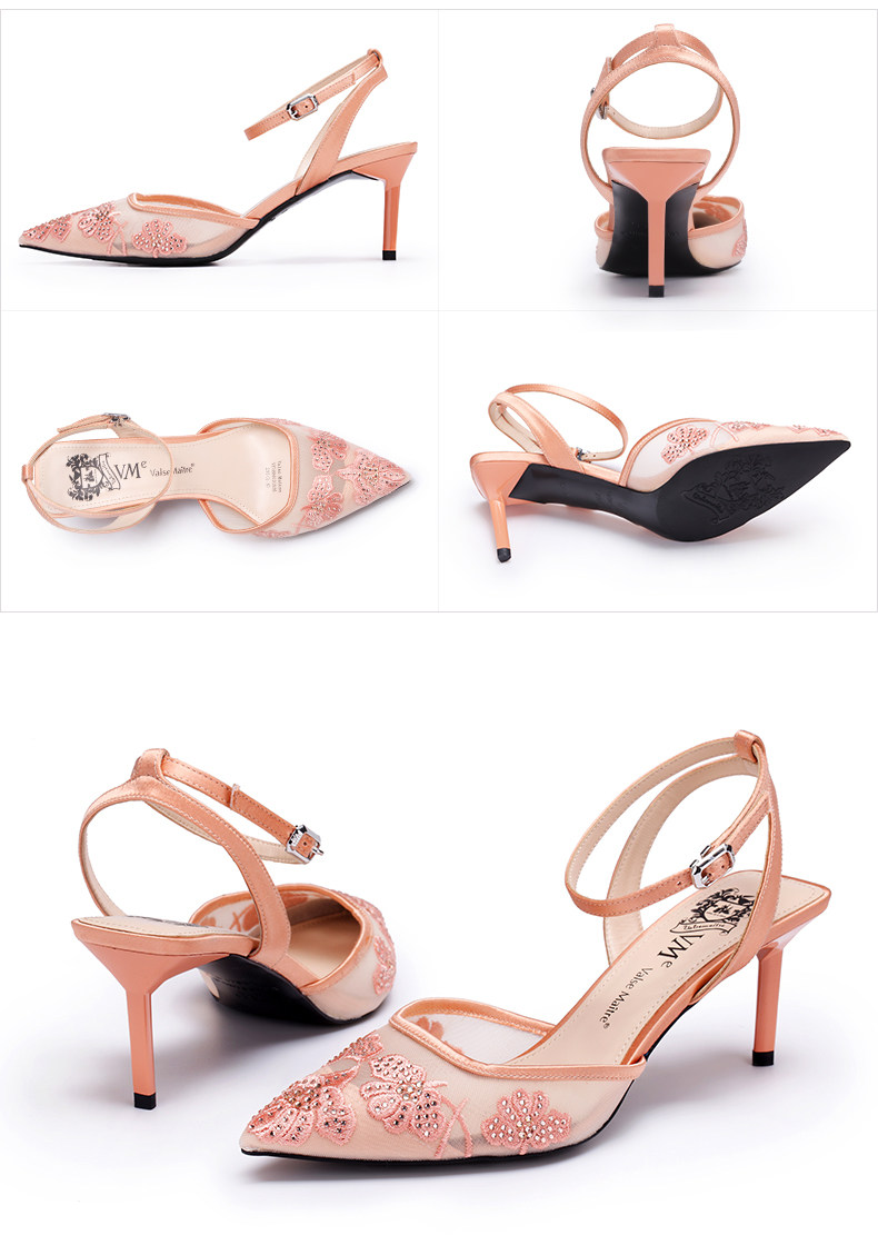 vme/舞魅夏新款时尚刺绣烫钻一字扣带后空中跟网面单鞋vf18b6101