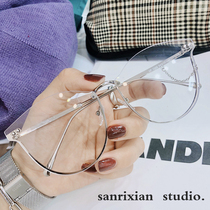 Korean star Lee Ji-en IU same anti-blue flat lens chain cat eye shape ins round face thin glasses