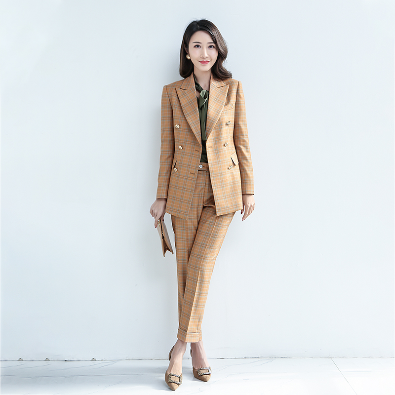 Spring and summer women's thin suit custom-made orange and yellow plaid suit temperament Western school slim fashion two-piece women's suit