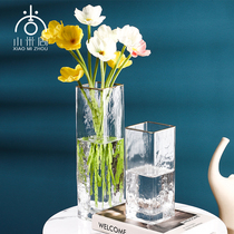 European-style light luxury Phnom Penh glass vase decoration living room translucent American creative high-end flower arrangement bottle IKEA square mouth