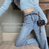 JoyingFeng (too great)High-waisted light-colored jeans womens straight loose design sense of thin long pants