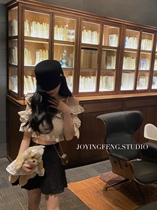 JoyingFeng (Floating Light) Wrinkled Top Short One-Collar Bubble Sleeve Top Slimming Short Sleeve