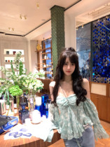 JoyingFeng (Midsummer Flower Sea) Dingdyeing Shoulder Snow-spinning Jersey Woman Summer Crummy Blouse Sweatshirt Sweet hanging neck