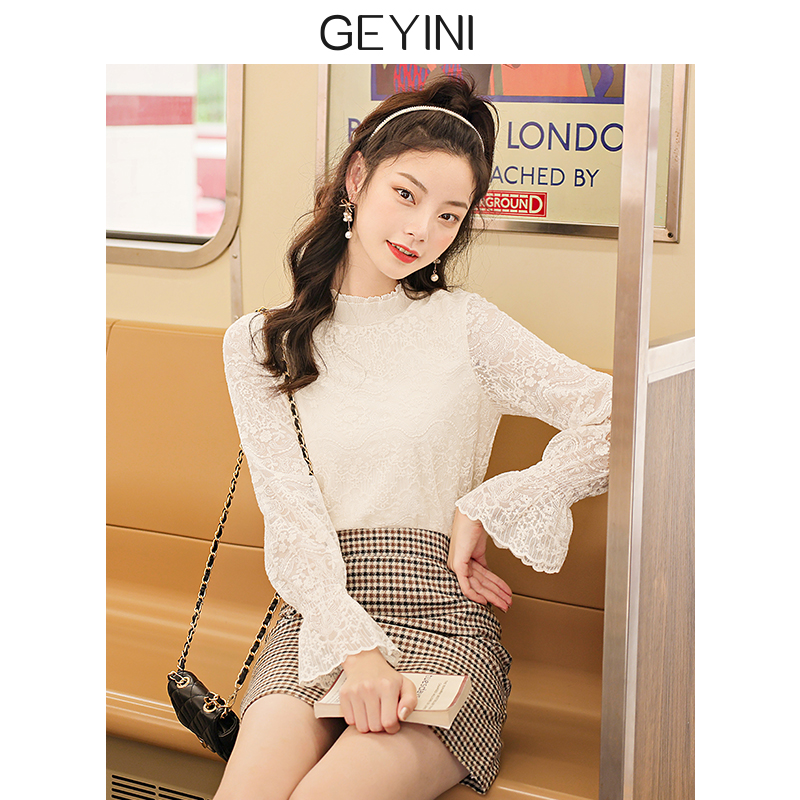 Ge Yini 2022 new autumn white small shirt trumpet sleeve long-sleeved chiffon top with lace bottoming shirt for women