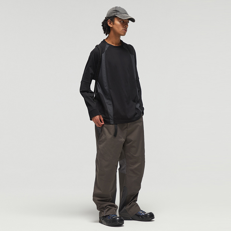 DECESOLO 23AW 日系拼接纯色宽松休闲免烫翻领青年上衣长袖T恤秋