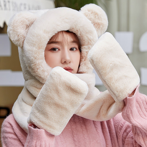 귀여운 따뜻함과 두꺼운 토끼 모피 통합 장갑 스카프 모자 3 피스 세트 바람 방전 및 차가운 스카프 후드 귀여운 따뜻함과 두꺼운 토끼 모피 통합 장갑 스카프 모자 3 피스 세트 바람 방전 및 차가운 스카프 후드