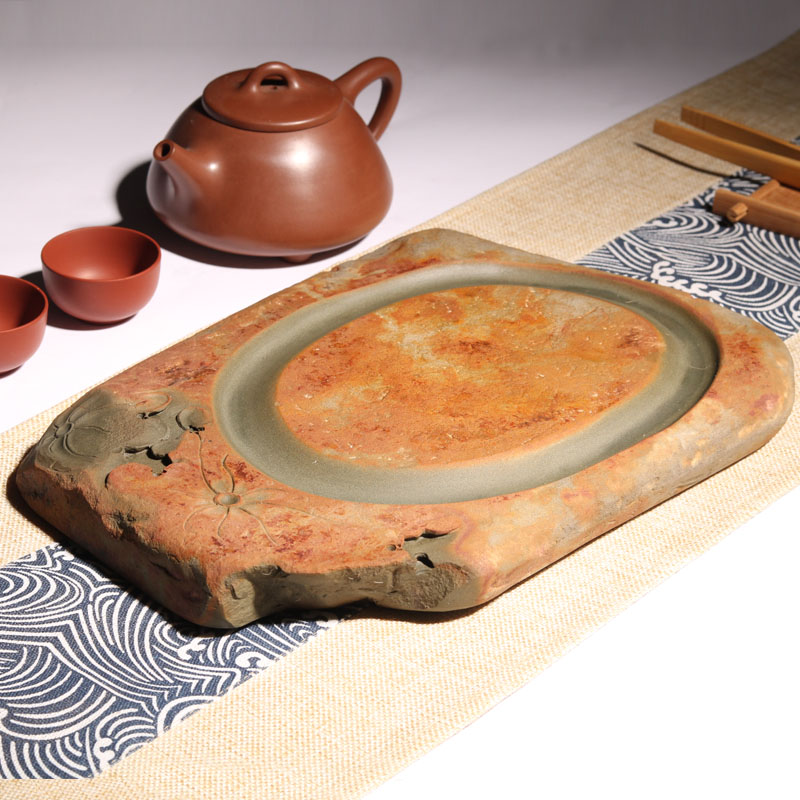安徽歙砚石老皮金晕荷叶茶盘天然石材简约中式干湿泡茶台壶承茶海