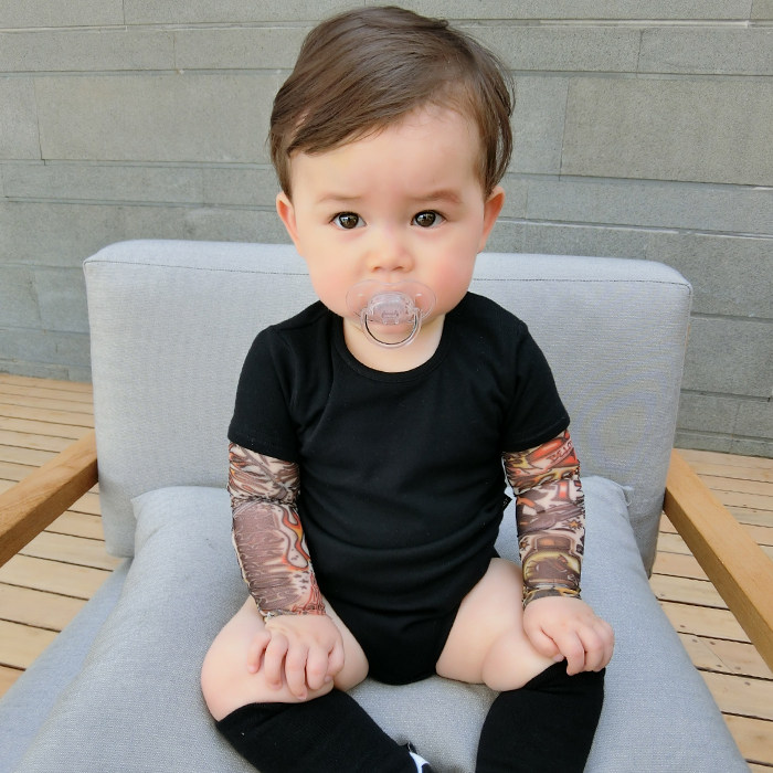 辰辰妈亲子装欧美父子装男宝宝花臂纹身假两件长袖爬服婴儿哈衣潮