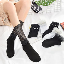 Pearl socks children in the net Red Net red lace ladies pile socks cotton bottom socks cotton bottom socks mesh Korean version black medium