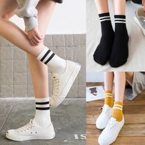 Socks female Korean version of college style socks stripes Joker Harajuku long tube two bars cute Japanese net infrared Dew