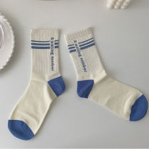 Socks female middle tube striped socks ins tide cute Japanese spring and autumn Japanese color Korean letter socks stockings