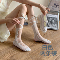 Cute Lolita socks summer thin womens mid-tube socks Japanese Lolita jk fishing net cross strap calf socks
