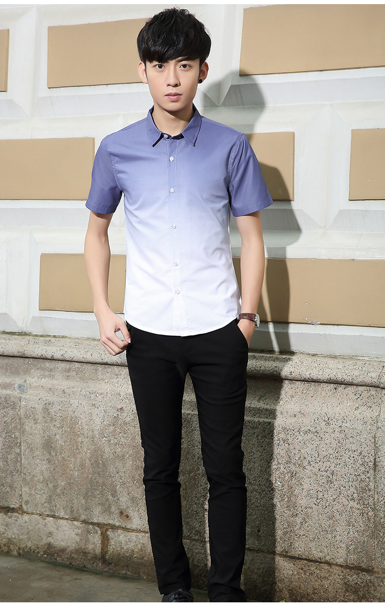2019夏装男版修身短袖衬衫潮流渐变色小清新衬衣男休闲文艺青年