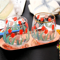 Korean ins same girl heart hand-painted tulip flower Glass Milk Cup coffee cup coffee cup juice cup