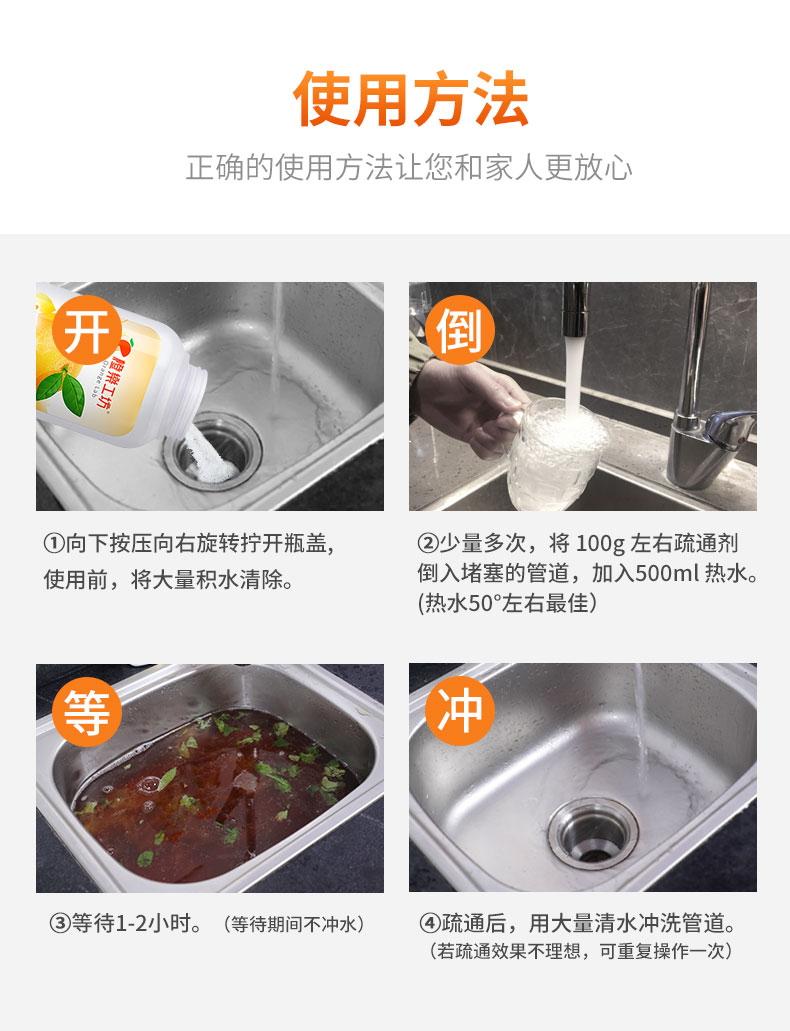 使用方法正确的使用方法让您和家人更放心开倒①向下按压向右旋转拧开瓶盖,②少量多次,将100g左右疏通剂使用前,将大量积水清除。倒入堵塞的管道,加入500m热水(热水50°左右最佳)等冲③等待1-2小时。(等待期间不冲水)④疏通后,用大量清水冲洗管道。(若疏通效果不理想,可重复操作一次)-推好价 | 品质生活 精选好价