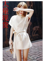 夏季新款韩版简约纯色性感圆领宽松系带收腰显瘦短袖A字连衣裙