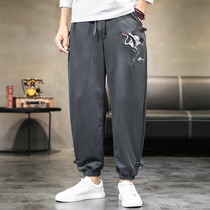Chinese style mens casual pants youth autumn Hanfu retro crane embroidery Zen clothing ancient style buckle mens pants