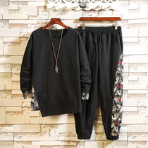 2019 autumn Chinese style new cotton and linen sports set mens long sleeve T-shirt linen retro loose two-piece set