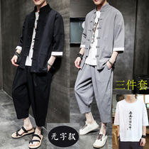 Chinese style cotton and Hemp Hanfu Tunic Mens youth Chinese suit Tang Suit Ancient style ancient costume Mens fairy mens fashion trend