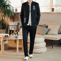 2019 Tunic suit Male youth Korean slim stand-up collar suit Chinese Hanfu Chinese style Tang suit two-piece set