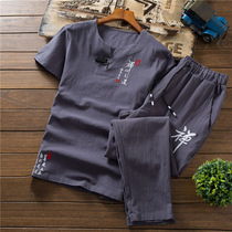 Summer costume Tang clothing Han clothing mens fashion brand retro youth Chinese style linen suit Ancient mens clothing summer thin section