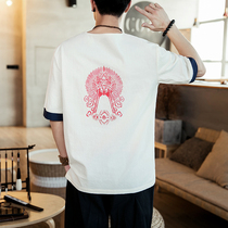 2019 spring and summer new Chinese style mens cotton linen linen five-point sleeve printing short-sleeved mens fashion large size tide T-shirt